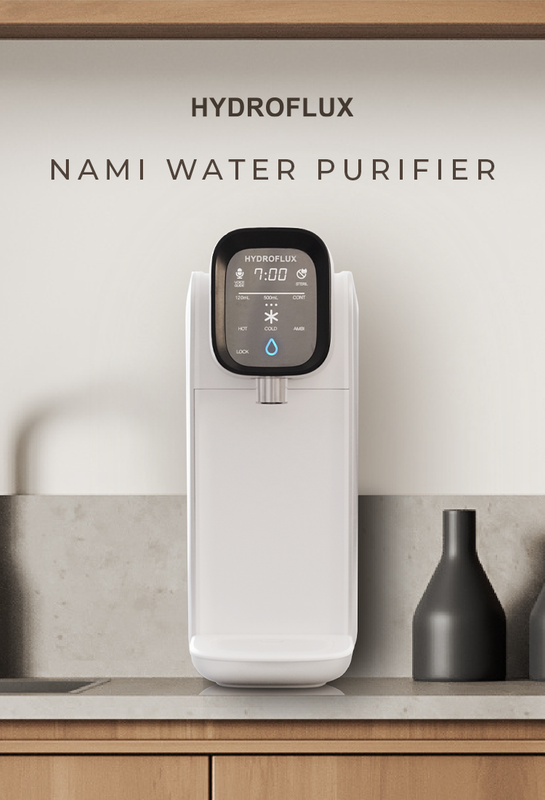 Hydroflux Nami water purifier on a kitchen counter with a neutral background