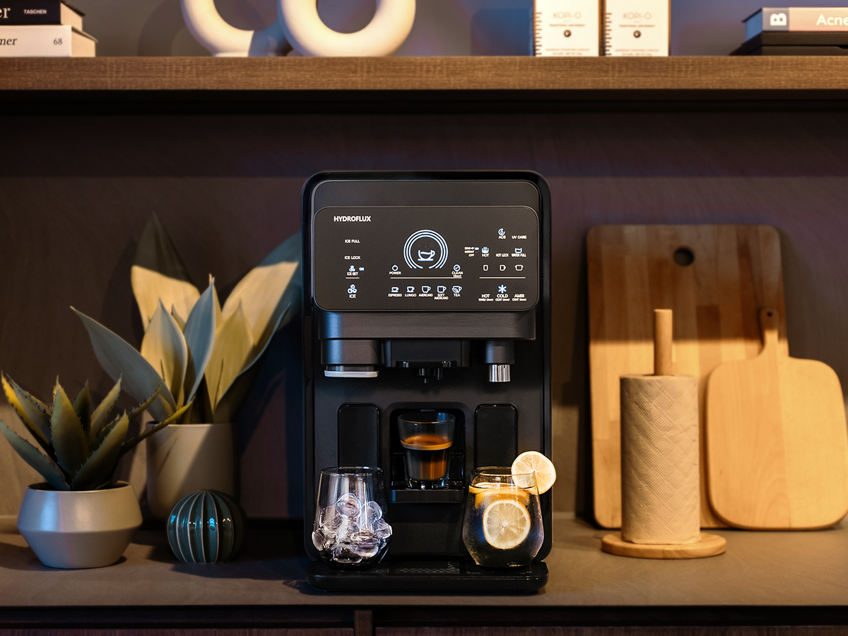 Hydroflux BREW capsule coffee machine with ice maker and water purifier