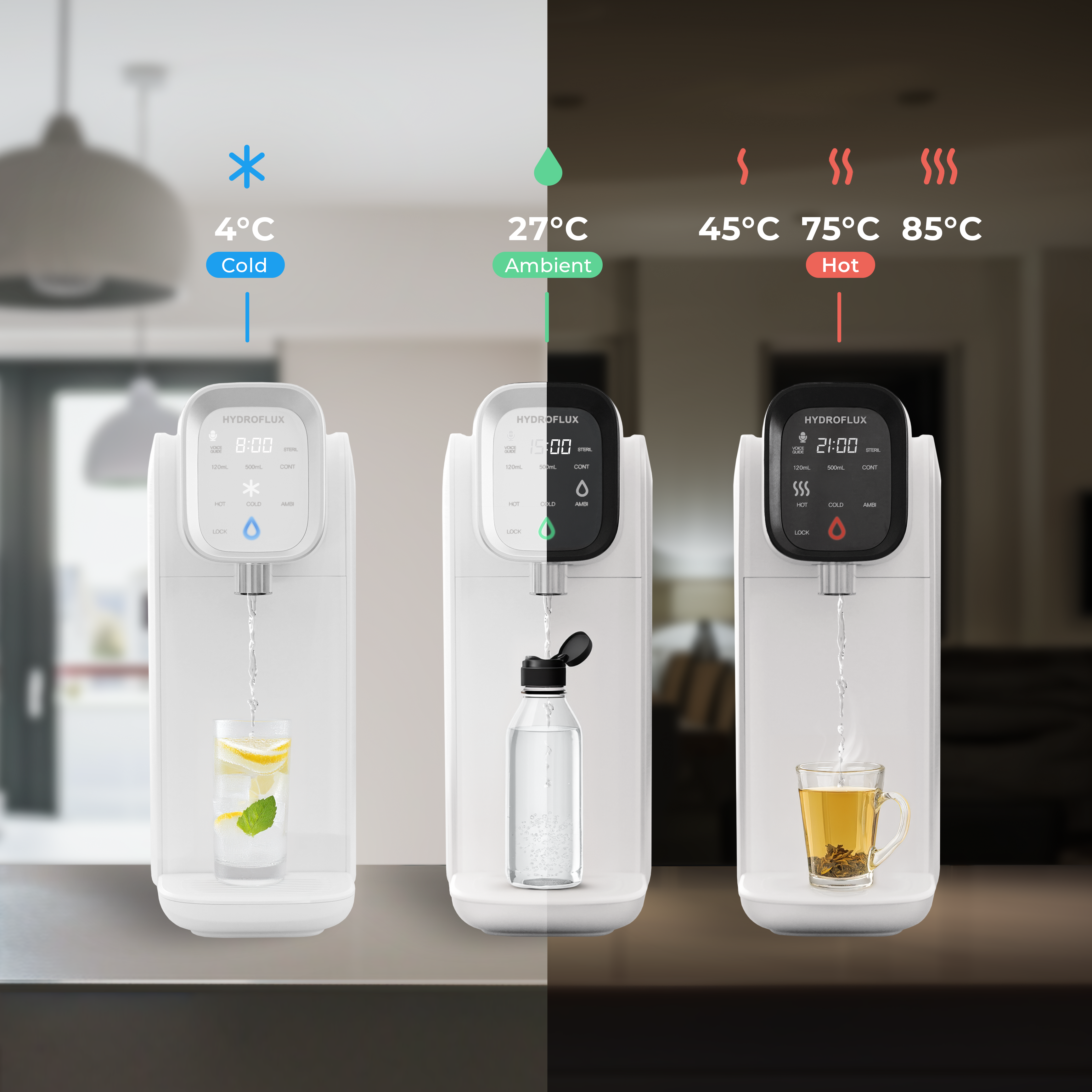 Hydroflux NAMI water purifier dispensing three drinks at different temperatures
